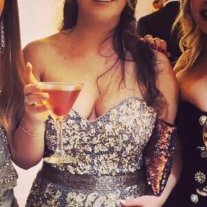 Mac Duggal Strapless Dress with Blue and Gold Pattern